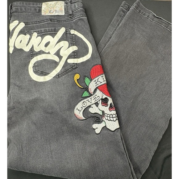 Vintage Y2K Ed Hardy Baggy Embroidered Denim Jeans Womens Size 38 Rare Black‎ - Picture 5 of 12
